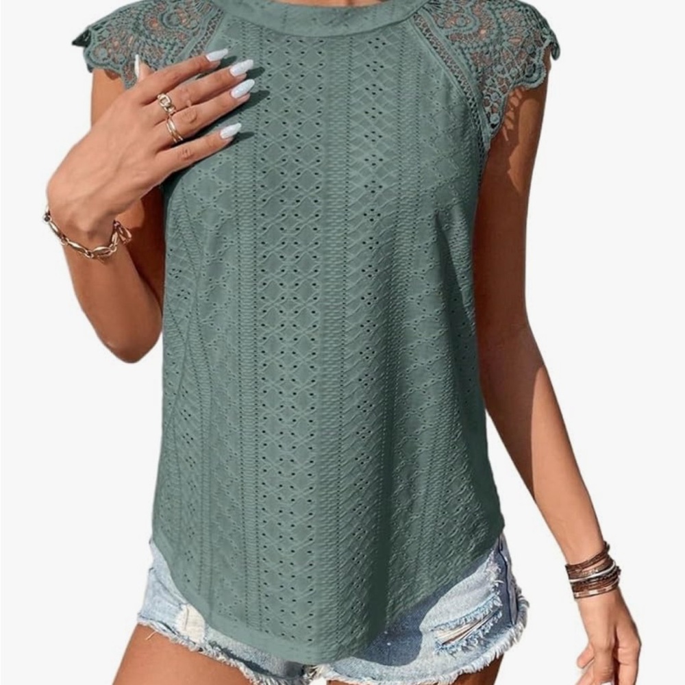 Lace Sleeve Green Top tie back.